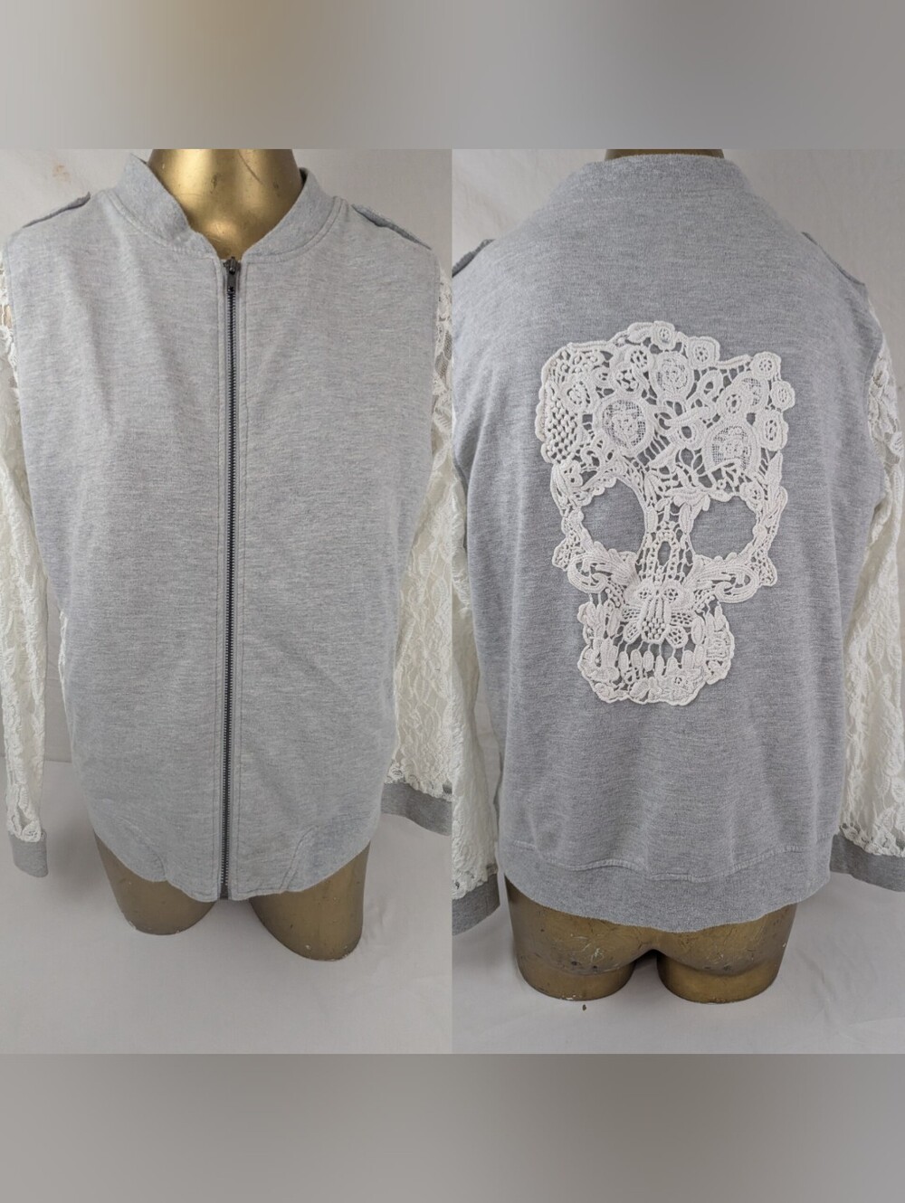 Romeo & Juliet Couture Front Zip Grey Jacket Sheer Lace Sleeves & Skull Large